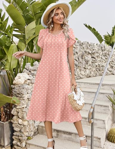 ZEAGOO Womens Casual Summer Dress 2026 Petal Short Sleeve Dresses with Pleats Midi A Line Flowy Dress Boho Sundress