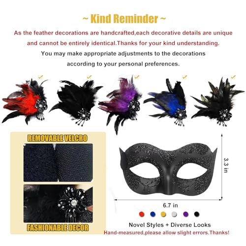 Masquerade Mask for Women Shiny Venetian Mask for Halloween Mardi Gras Costume Party Ball with Feather flower dec.