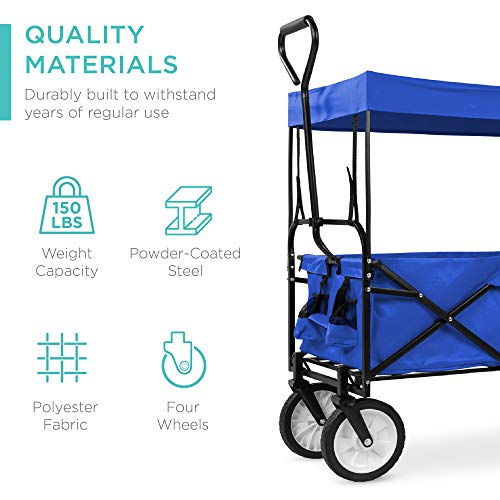 Best Choice Products Collapsible Folding Outdoor Utility Wagon with Canopy Garden Cart for Beach, Picnic, Camping, Tailgat...