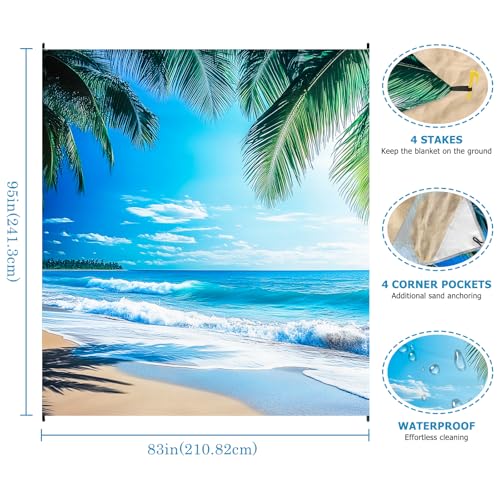 Beach Blanket Waterproof Sandproof, Palm Tree Oversized Extra Large Picnic Mat 83"×95"/8 × 7 FT for 1-7 Adults for Travel ...