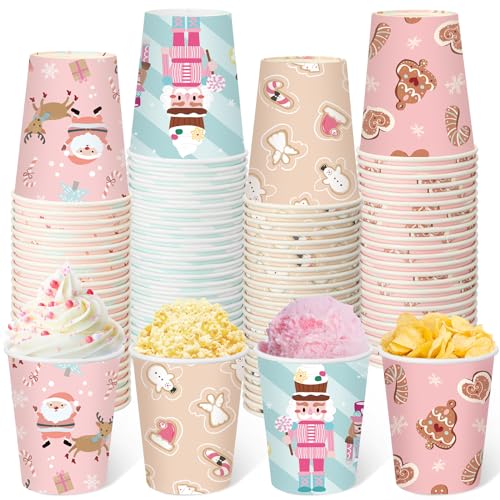 Maxcheck 100 Pcs Pink Christmas Paper Cups 9 oz Disposable Pink Snowflakes Elk Xmas Coffee Cups Hot Drink for Xmas Holiday...