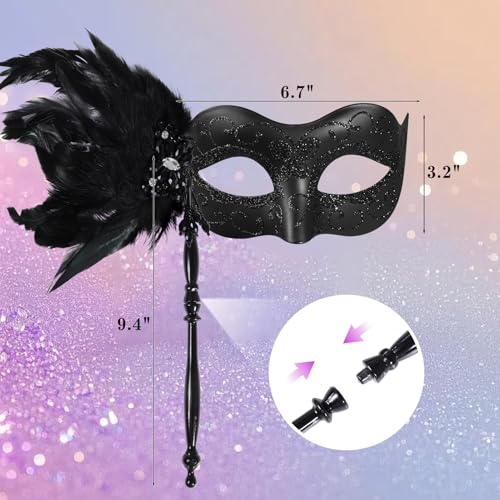BEARAE Masquerade Mask for Women with Stick, Feather Venetian Masks, Costume Mask for Mardi Gras Gatsby Party Decoration