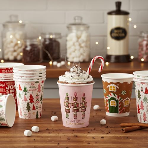Gerrii 150 Pcs 9 oz Christmas Disposable Paper Cups Hot Chocolate Cocoa Paper Cups Winter Drink Cup 5 Designs Merry Christ...