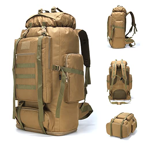 HongXingHai 70L/100L Hiking Camping Backpack MOLLE Rucksack Waterproof Daypack for Traveling (Khaki)