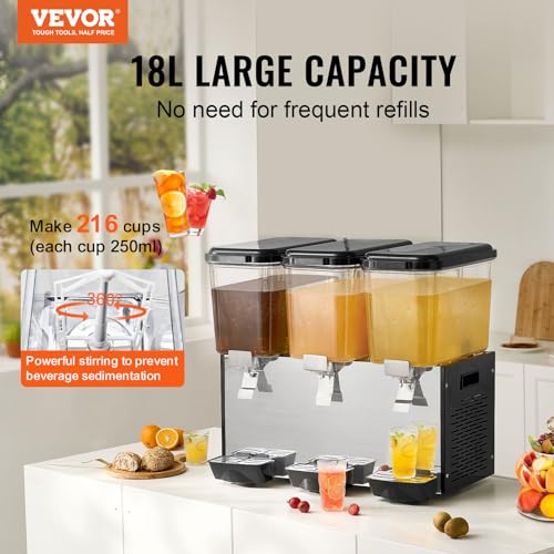 VEVOR Commercial Beverage Dispenser, 3 Tanks 18 L / 19 QT Per Tank Juice Dispenser, 512W Stainless Steel Ice Tea Drink Mac...