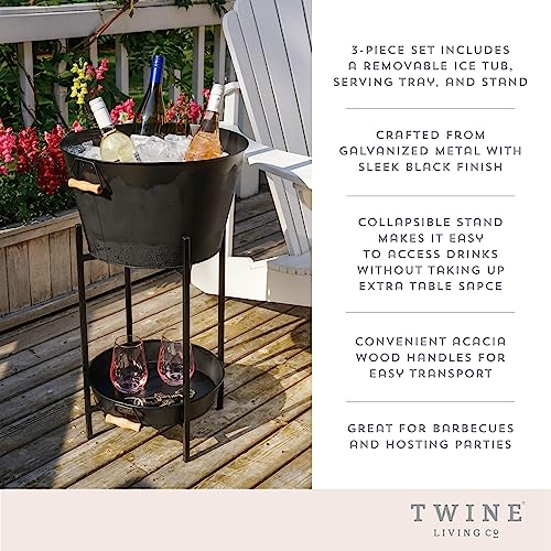 Twine Black Beverage Tub with Collapsible Stand, Large Metal Bucket and Tray, Ice Drink Buckets with Acacia Wood Handles f...