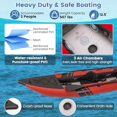 S AFSTAR Inflatable Kayak, 2 Person Canoe with 507 lbs Capacity, Drop-Stitch Floor, All Accessories & Carry Bag, 12.5 ft L...
