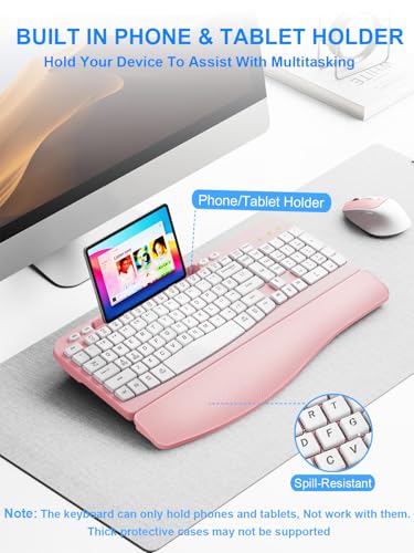 Wireless Keyboard and Mouse Combo, Wave Keys Computer Ergonomic Keyboard with Cushioned Plam Rest, Phone Holder, 2.4GHz Si...