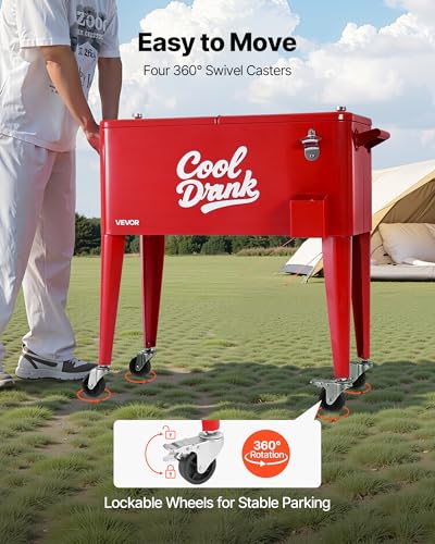 VEVOR 80 Quart Rolling Ice Chest, Holds up to 50 Bottles / 110 Cans, Portable Patio Party Bar Drink Cooler Cart with 4 Swi...