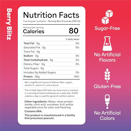 Vertical Protein Berry Blitz Ready to Drink Pack of 12, Low Calorie, Protein Water Drinks w/ 20g of Whey Isolate, Clear Nu...