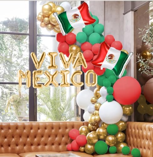 Mexico Balloon Arch Garland Kit, 154 pcs Green White Red Gold Mexico Flag VIVA Foil balloons for Mexico Independence Day J...