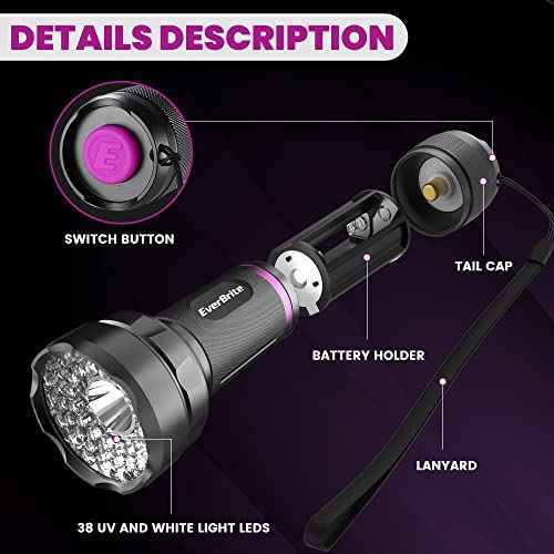 EverBrite LED Flashlight, Multifunctional Flashlight with UV and White Light, 395nm Black Light, 300 Lumens High Powered Flashlight for Camping, Emergencies, Pet Urine Stains, AA Batteries Included
