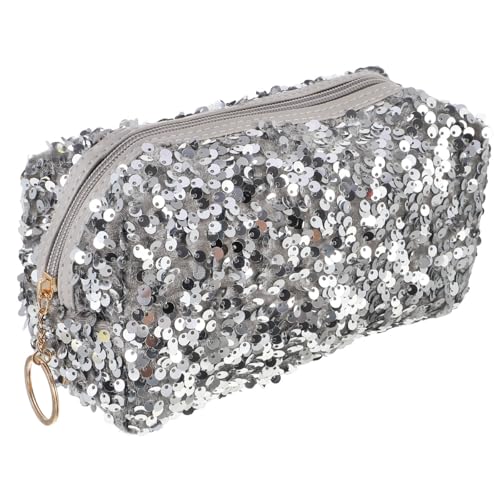 VALICLUD Sequin Makeup Bag Silver Glitter Cosmetic Pouch Large Capacity Travel Organizer with Zipper for Women and Girls