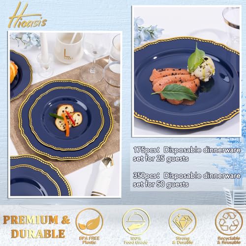 Hioasis 175pcs Blue Gold Plastic Plates - Gold Plastic Dinnerware Set Includes 25 Dinner Plates, 25 Dessert Dinnerware, 25...