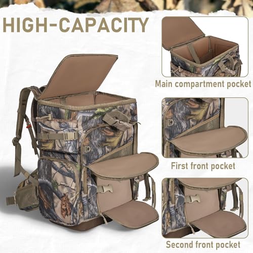 OUUTMEE Hunting Backpack with Waterproof Rain Cover, Self Standing Hard Bottom, 50L Camo Hunting Day Pack for Bow Rifle Gun