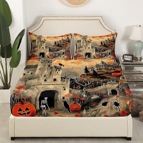 Happy Halloween Bed Sheets 3 Piece Trick Or Treat Themed Fitted Sheet Queen Size Halloween Ghost Print Bed Set Castle Spider Bats Decor Bedding Set Pumpkin Lantern Gothic Style Bedding
