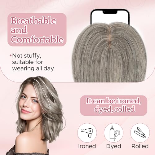 Hair Toppers for Women Real Human Hair with No Bangs 3.1¡¿3.9 Inch Silk Base Clip-In Topper Natural Looking Hairpieces for Women£¨10 Inch,Dark Grey£©