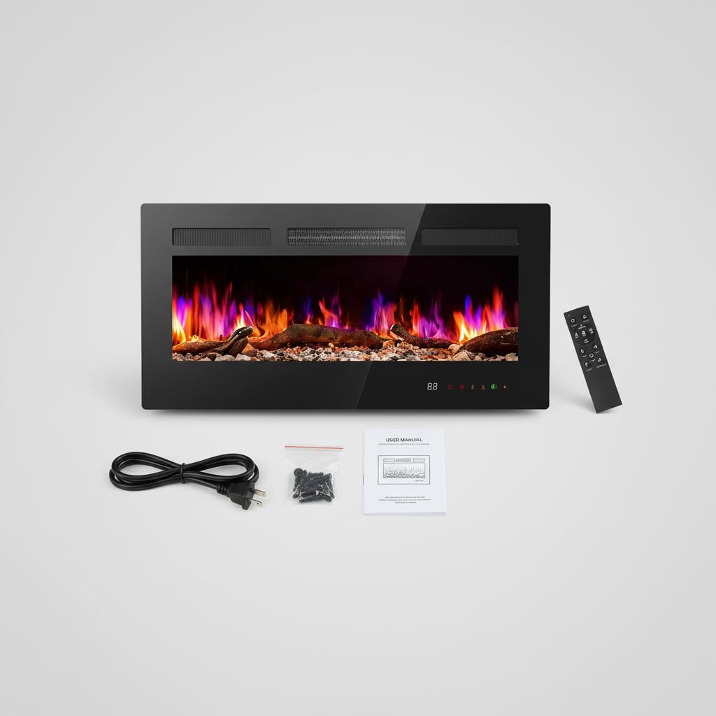 36" Electric Fireplace Insert, 1500W Wall Mounted & Recessed Fireplace Heater with Remote & Touch Screen, Adjustable Flame Color & Brightness, 12H Timer, Low Noise Electric Fireplace for Indoor Use