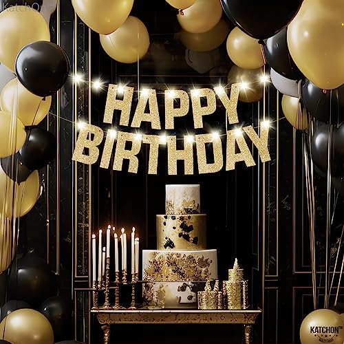 KatchOn, Light Up Happy Birthday Banner - 10 Feet, 8 Modes | Glitter Golden Birthday Party Decorations | Gold Birthday Dec...