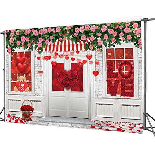 CYLYH 7X5FT Valentine's Day Backdrop Valentine's Day Store Backdrop Pink Rose Flower Brick Wall Background Mother's Day Pa...