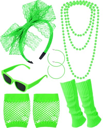 Maiteenly 80s Accessories for Women Lace Headband Earrings Fishnet Gloves Necklace Sunglasses Leg Warmers for 80s Retro Party