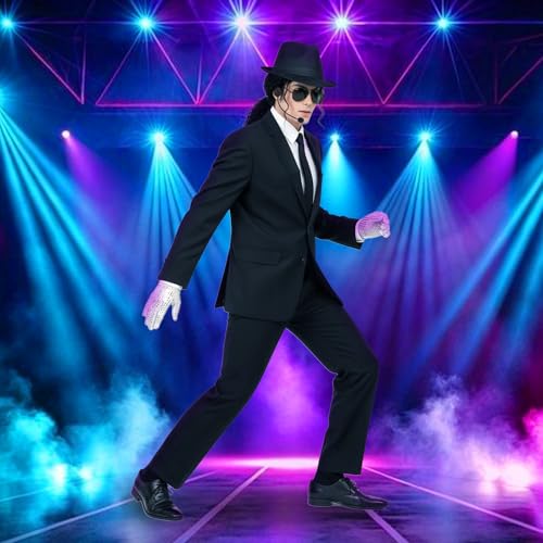 Pop Star Costume 6 Pcs Pop Rockstar Dance Costume Accessories Include Black Hat Glasses Tie Sequins Gloves Balck Curly Wig...