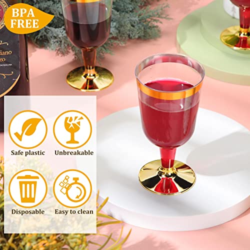 CHENGU 100 Pcs Plastic Wine Glasses 7 oz Gold Rimmed Mini Stemware with Removable Base for Wedding Parties Birthday Annive...