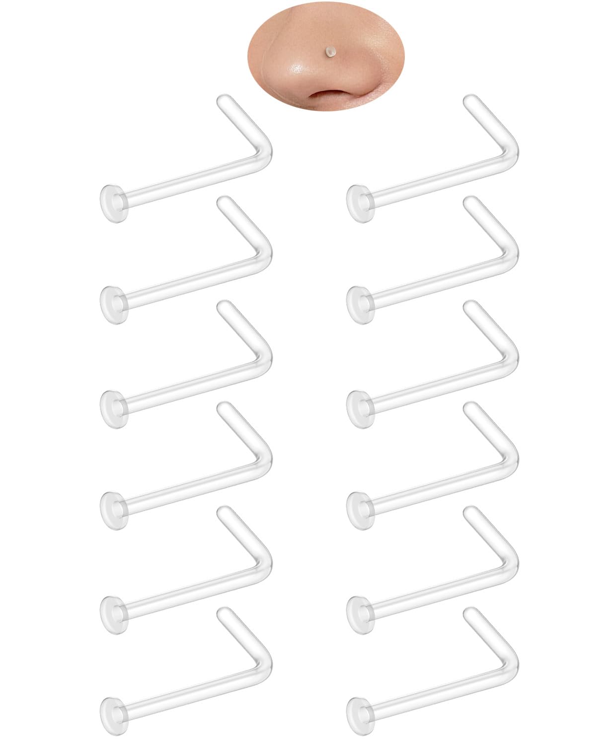 Accirrch Clear Nose Stud for Work Women and Men Set - 12Pcs 20G Bioflex Plastic L Shape Nose Rings Body Clear Piercing Retainer