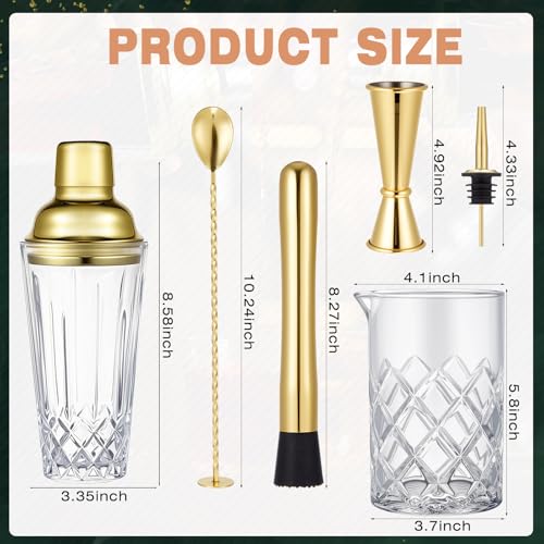 Mifoci 7 Pcs Gold Glass Cocktail Shaker Set Bartender gift set with 14oz Shaker 24oz Cocktail Mixing Glass Measuring Jigge...