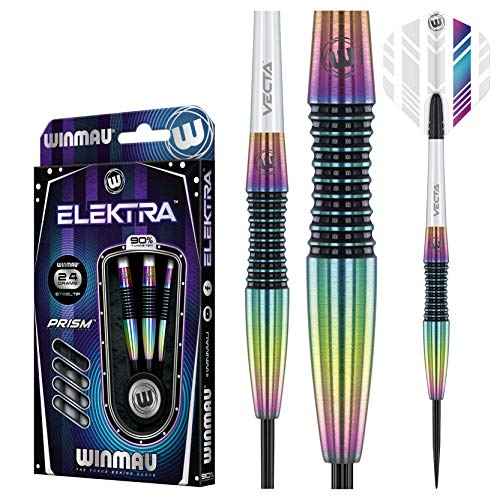 WINMAU Elektra 90% Tungsten Darts with Prism Flights and Vecta Shafts (Stems) Steel Tip & Soft Tip
