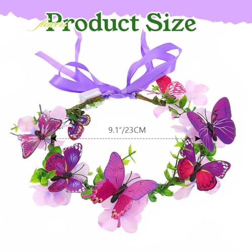DRESBE Light Up Butterfly Flower Crown LED Floral Headband Glow Fairy Hair Accessories for Women (Purple)