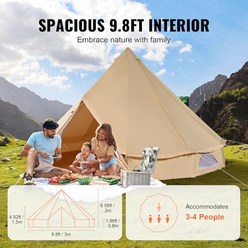 VEVOR Canvas Tent Bell, Yurt 4 Seasons for Camping with Stove Jack, Breathable Holds up to 4 People, Family Camping Outdoo...