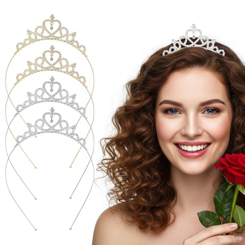 4PCS Glittering Rhinestone Crown Headbands, Crown Headband for Women, Sparkling Crystal Heart Crowns Tiara, Adjustable Pri...