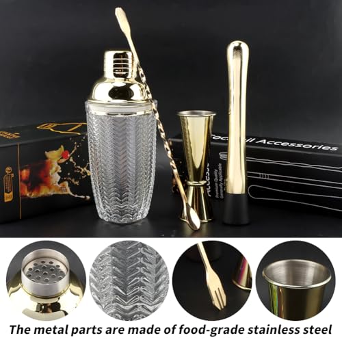 Gold Cocktail Shaker Set with Measuring Jigger, Mixing Spoon & Muddler – Home Bar Accessories for Cocktails & Protein Shak...