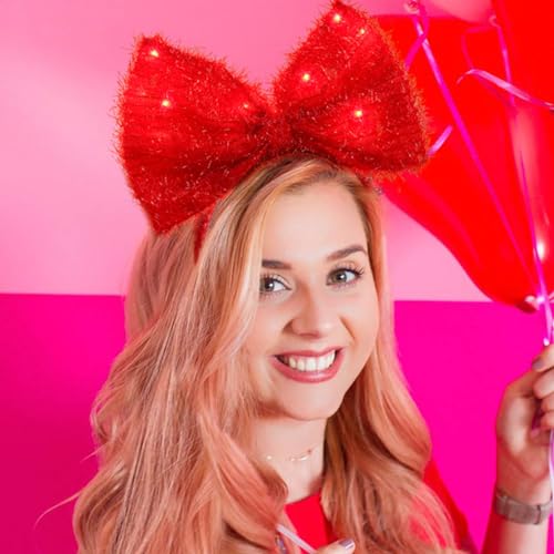 Bouory Light Up Bow Headbands LED Bowknot Hairband Red Bows Head Bands for Women (Red)