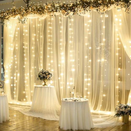 10ft x 10ft Champagne Tulle Backdrop Curtain with Lights String for Parties Wedding Bridal Shower Sheer Champagne Curtain ...
