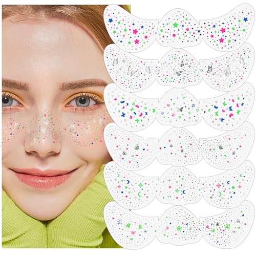Noerrors 6 Styles Glitter Freckle Face Tattoo Sticker Sparkling Holographic Multichrome Speckle Patches Multi-color Face G...