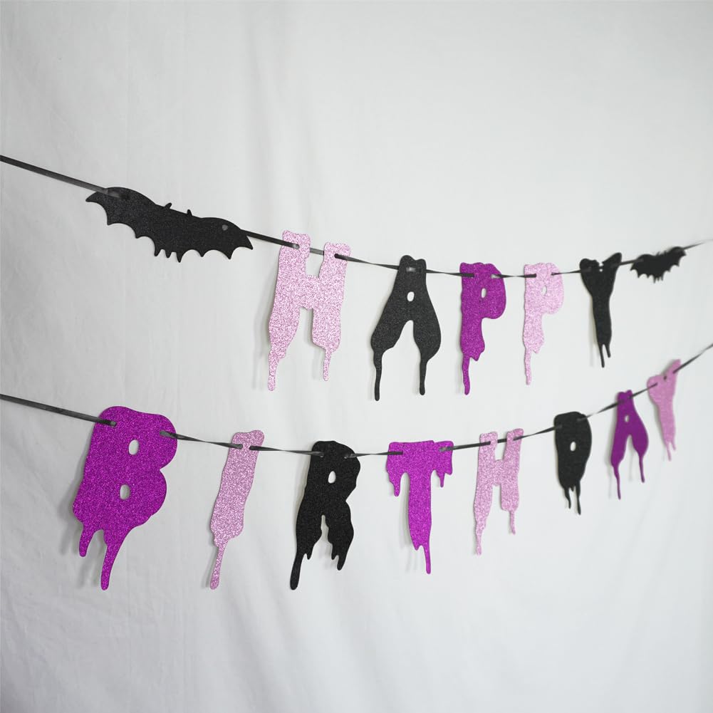 Happy Birthday & Halloween Banner - Pink, Purple, Glitter - Girl 1st Birthday Party Decorations with Spooky Bats