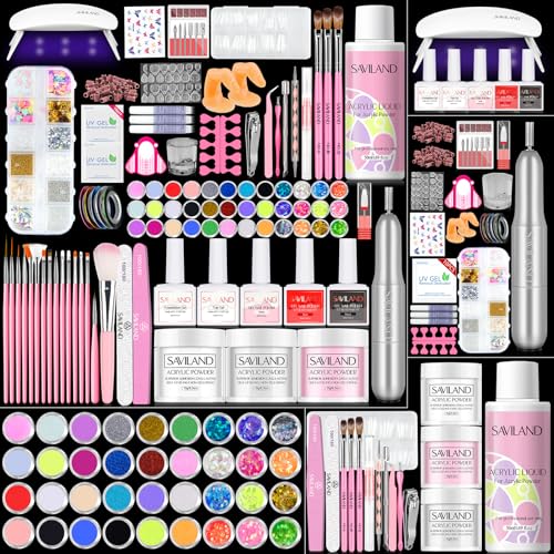 SAVILAND Acrylic Nail Kit with Drill: Professional Acrylic Nail Set for Beginners with Everything U V Light 3 Colors Gel P...
