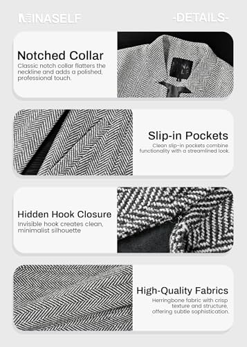 Mina Self 2026 Spring Women's Herringbone Tweed Blazer Jacket - Long Fully Lined Open Front Work Office Coat with Pockets