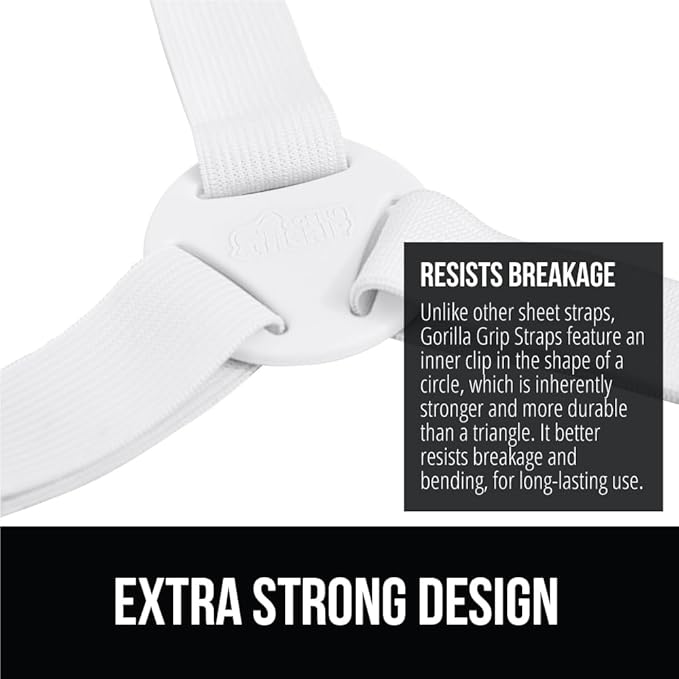 GORILLA GRIP Patent Pending Bed Sheet Holders, Adjustable Elastic Fasteners with Metal Clips, Keep in Place Fitted Bedding Straps, Firm Tight Suspenders for Mattress, US Designed, 4 Pack White
