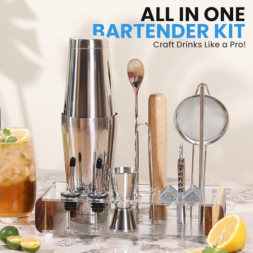 Mixology Bartender Kit with Stand - 15 Piece Bar Tool Set, Silver Bar Set Cocktail Shaker Set for Drink Mixing - Includes ...