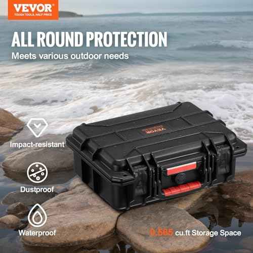 VEVOR Weatherproof Hard Case, Heavy Duty Protective Dry Box Case with Pre-cut Foam, Retractable Pull Handles for Travel, Hunting, Military, Tactical, IP67 Waterproof for Cameras(14.96x11.81x5.51)