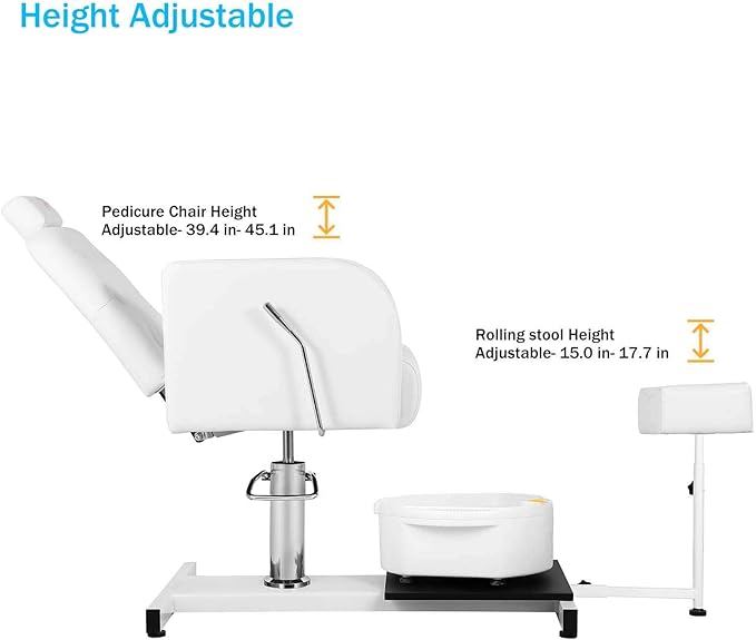 Pedicure Chair with Massage Foot Bath for Nail Tech and Foot Bath, Pedicure Chair 360 ° Rotation Height Adjustable Pedicure Unit Station (450whitekou)