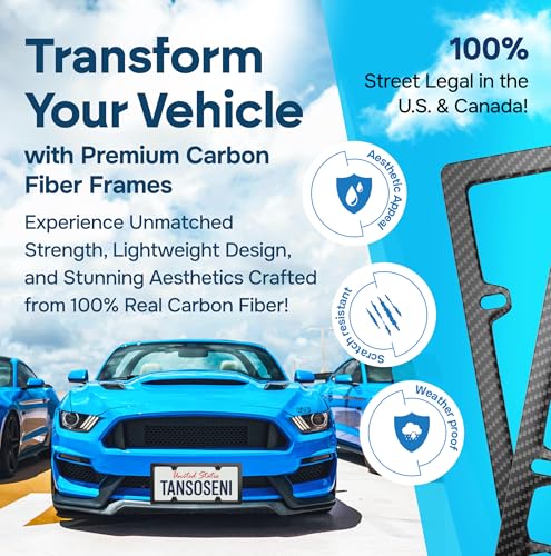 TansoSeni Anti Theft 100% Real Carbon Fiber License Plate Frame Holder, Black Licence Plate Car Tag Frame 6″×12″ Rust-Proo...
