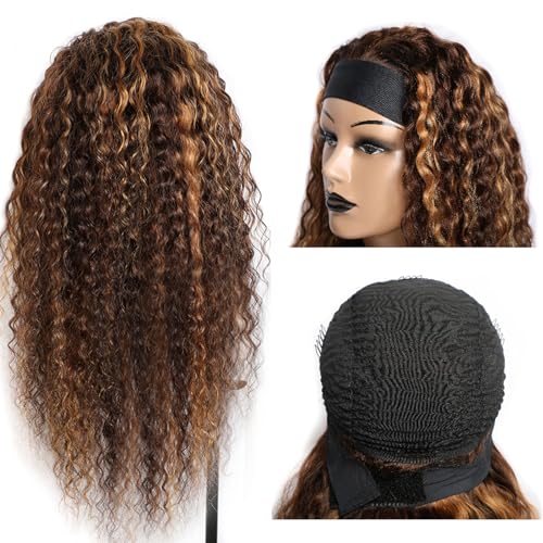 Headband Wig Human Hair Deep Wave 4/27 Human Hair Headband wigs for women Glueless None Lace Front Wig Machine Made 150% Density headband wig human hair with Headbands (22Inch)