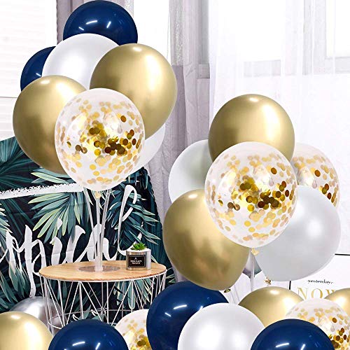 Navy Blue and Gold Confetti Balloons, 50 pcs 12 inch Pearl White and Gold Metallic Chrome Birthday Balloons for Celebratio...