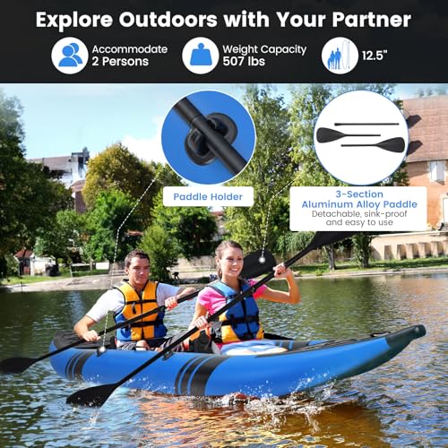 GYMAX Inflatable Kayak, 12.5Ft 507lbs Tandem Kayak with 2 Aluminum Paddles, 2 Padded Seats, Footrests, 2 Fins, Hand Pump, ...
