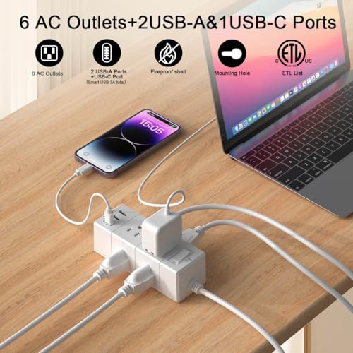 20Ft Extension Cord Flat Plug Power Strip - Tcstei 3-Side Outlet Extender with 6 AC Outlets and 3 USB Ports (1 USB C), Com...
