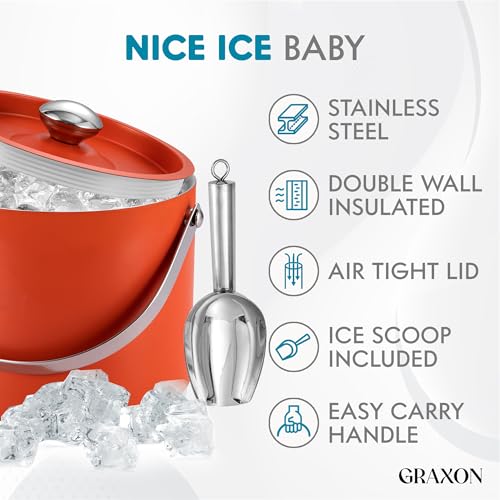 Ice Bucket (3 Liter) Stainless Steel Double Wall Insulated Ice Bucket with Lid & Scoop, Ice Buckets for Parties, Handle, K...